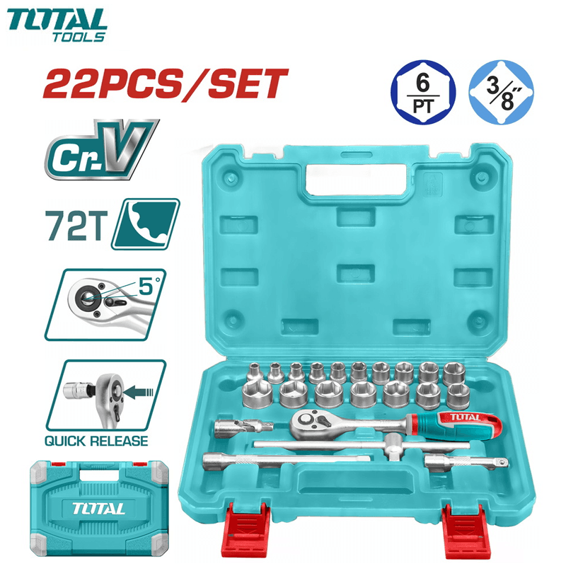 COFRE CLE DOUILLE 22 PCS 3/8" 6/7/8/9/10/11/12/13/14/15/16/17/18/19/20/21/22MM CR-V TOTAL