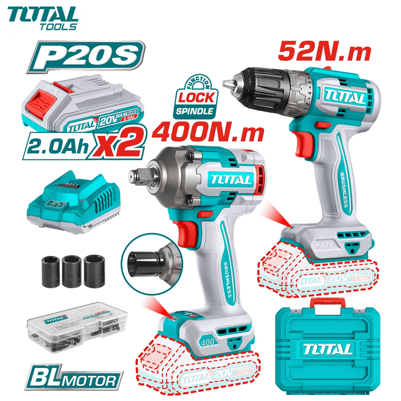 PACK 2EN1 VISSEUSE 52NM & BOULON 1/2" 400NM 20V AVEC ACCE & 1 CHARGEUR 2 BATTERIES 2.0AH TOTAL