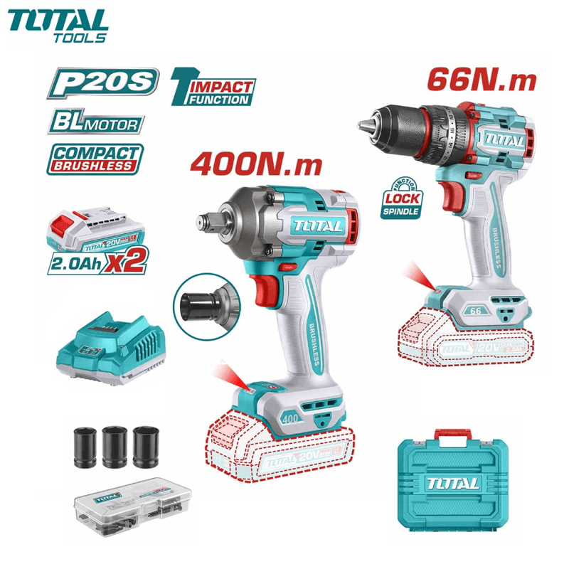 PACK VISSEUSE 66NM & BOULONNEUSE 1/2" 400NM 2EN1 20V AVEC ACCE & 1 CHARGEUR 2 BATTERIES 2.0AH TOTAL