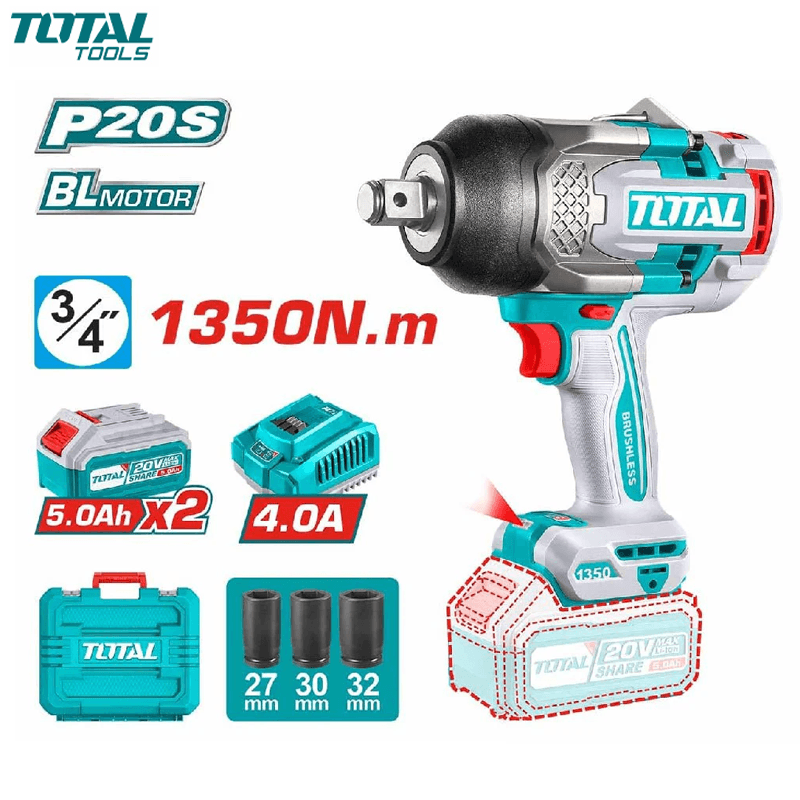 BOULONNEUSE A CHOC RECH SANS FIL BRUSHLESS 3/4" 20V 1350NM AVEC CHARGEUR & 2 BATTERIES 5.0AH TOTAL
