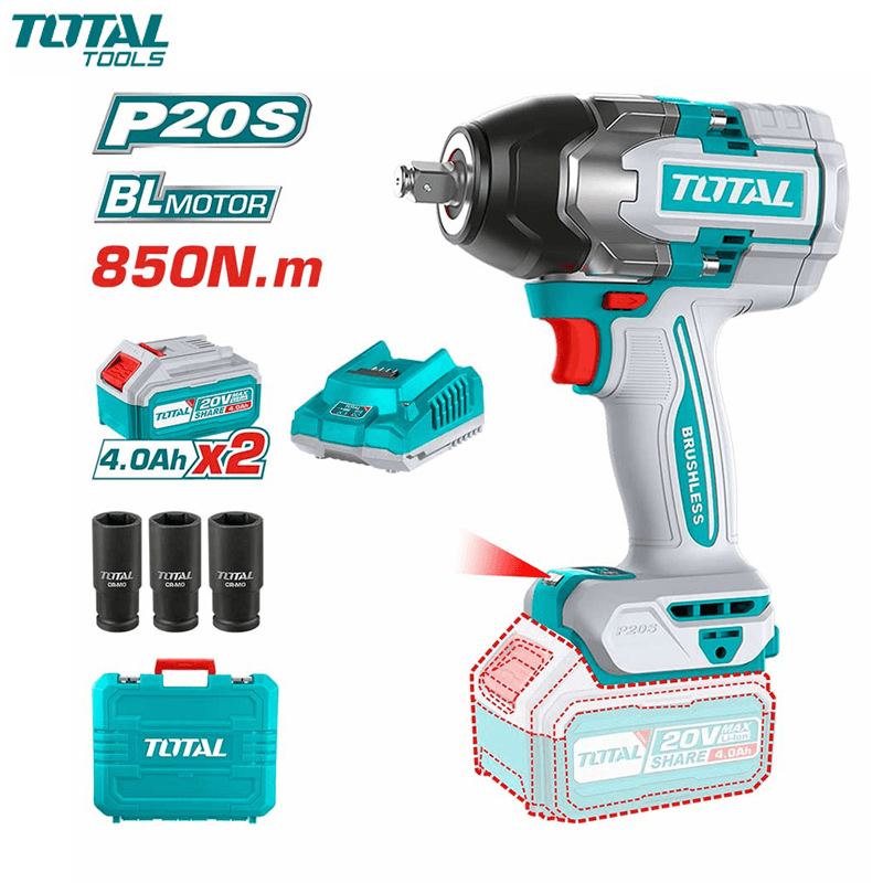 BOULONNEUSE A CHOC RECH SANS FIL 20V 850NM AVEC CHARGEUR & 2 BATTERIES 4.0AH TOTAL