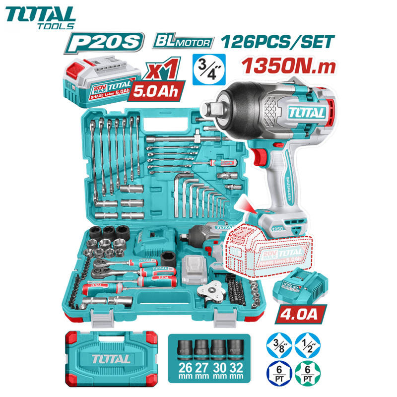 COFFRE BOULONNEUSE A CHOC 3/4" 20V 1350NM AVEC CHARGEUR & 1 BATTERIE 5.0AH 126PCS TOTAL