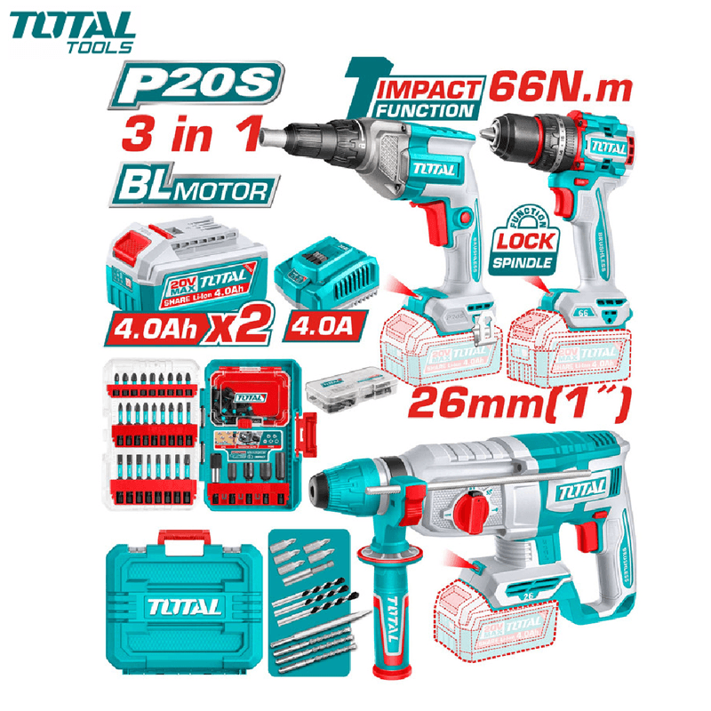 PACK OUTILS ELECTROPORTATIF 3EN1 PERFO/PERC/VISSEU 20V AVEC 1 CHARGEUR 20V & 2 BATTERIES 4.0AH TOTAL