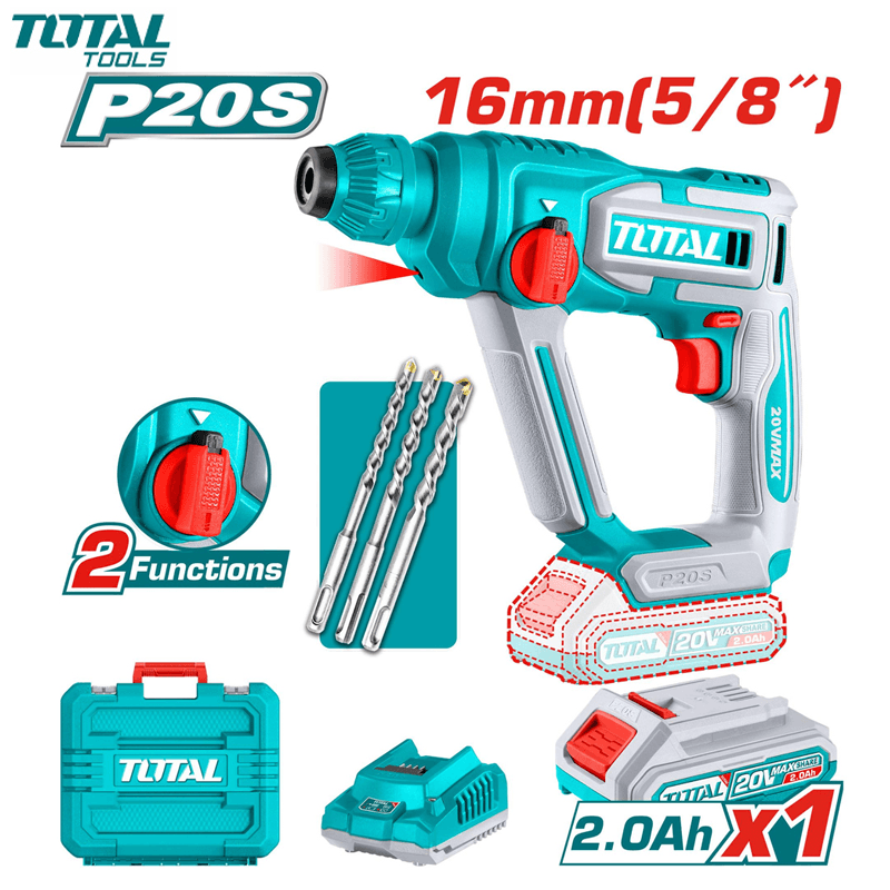 PERCEUSE PERFORATEUR 16MM 1.5J AVEC CHARG & 1 BATTERIE 2.0AH 20V SDS PLUS TOTAL