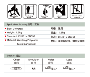 MH106 Taille : Universel Poids : 1,5 kg Norme : EN361 EN358 Matériau : Sangle Polyester, Pièces métalliques en acier
